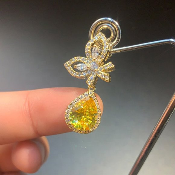 NEW Gold Diamond Butterfly Teardrop Citrine Halo Earrings - Picture 9 of 10